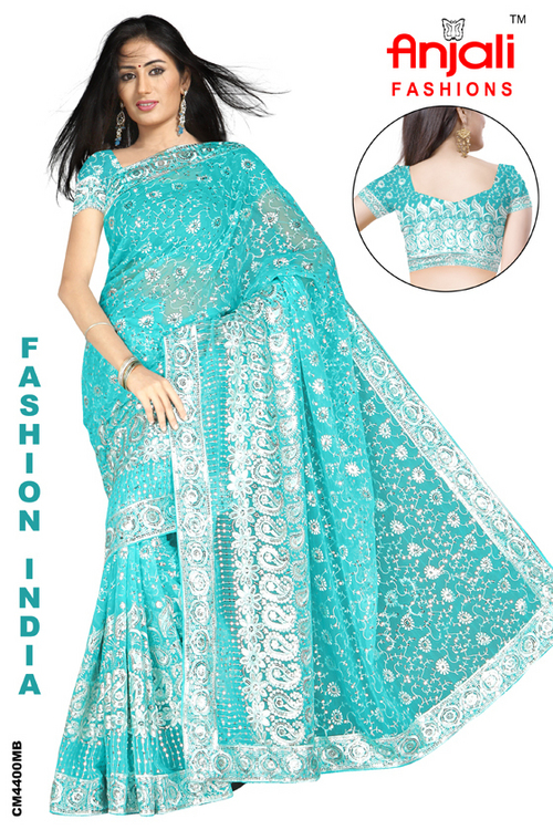 Fancy Sari Suppliers - Silk 5.5m x 1.1m, Aqua | Floral Design, Elegant, Vibrant Colors, Soft Fabric