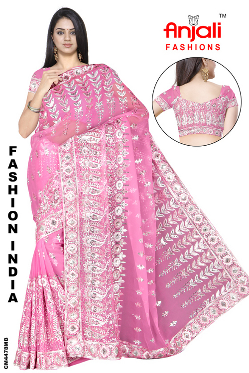 Georgette Sarees Designer Sarees - Soft Georgette, 5.5 Meters, Pink | Hand-Embroidered, Elegant Design, Comfortable Drape, Party Wear