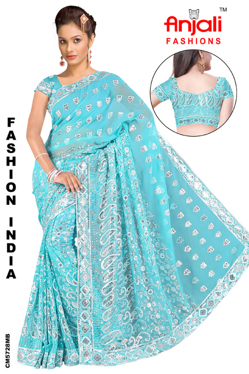 Ladies Bridal Sarees India - Silk Blend, 5.5 Meters, Light Blue | Handcrafted Embroidery, Zari Work, Wedding Ready, Blouse Piece Included