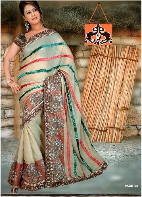 Bollywood Sarees - Velvet Fabric, 5.5m Length x 1.1m Width | Off-White Color, Big Buta Work, Elegant Design, Unique Style, Velvet Stripes