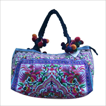 Embroidery Bag With pompom Handle