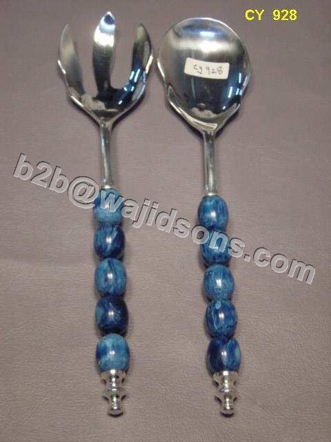 Salad Server - Stainless Steel, 11 Inches, Polished Finish | Agate Bead Handle, Serving Spoon and Fork, Comfortable Grip