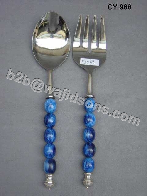 African Salad Servers - Stainless Steel, 10x2x1 Inches, Silver Blue | Elegant Design, Polished Finish, Beaded Handles, Durable Material, Easy to Clean