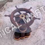 BRASS GLASS WOOD SHIP WHEEL TABLE 