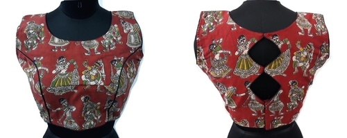 Kalamkari Readymade Blouse - Cotton, Size L, Red | Embroidered with Beads, Laces, and Sequins, Sleeveless Design for Women in Summer