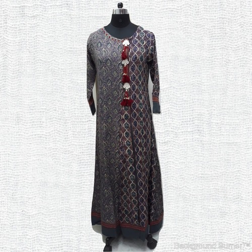 Fashionable Kurti - Rayon, XL, Grey | Long Sleeve, Printed with Beads, Laces, Sequins, Embroidered Logo, Anti-Shrinkage, Soft Texture