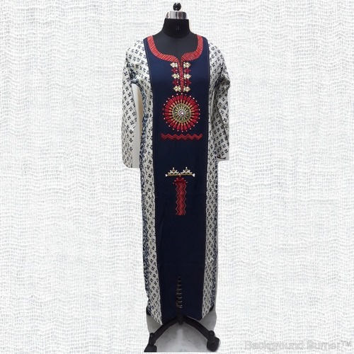 Casual Kurti - Rayon, XL, Navy Blue | Long Sleeve, Printed Pattern, Beaded and Lace Decoration, Flawless Finish, Perfect for Winter