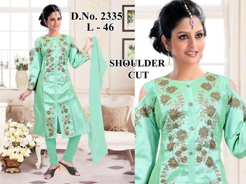Shoulder Cut Suits - Silk, Large Size, Turquoise Blue | Embroidered, Long Sleeve, Beads, Laces, Sequins, Dry Cleaning, Winter Wear