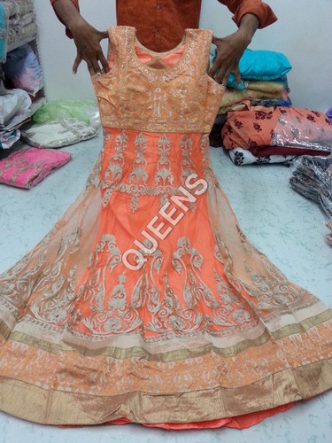 Anarkali Suit - Silk Fabric, Sizes S, M, L, XL | Peach Color, Embroidered Pattern, Sleeveless Design, Traditional Style with Lace, Ribbons, and Sequins