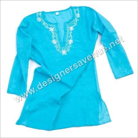 Cotton Kaftan in Turq Blue with Emboridery at Neck