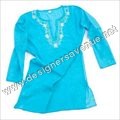 Cotton Kaftan In Turq Blue With Embroidery At Neck - Cotton, Full Length, V-neck, Three-quarter Sleeves, Breathable, Stylish, Comfortable