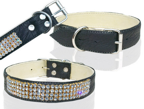 HIGH QUAILITY TWO LAYER LEATHER DOG WITH CRYSTAL ACCESSORIES COLLAR (L057C)