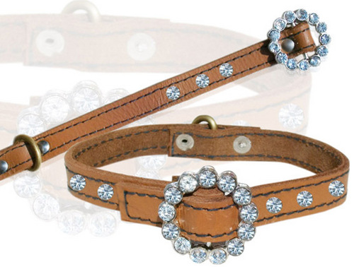 HIGH QUAILITY TWO LAYER LEATHER DOG WITH CRYSTAL ACCESSORIES COLLAR (L062C)