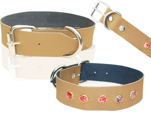 DESIGNER CAT AND PUPPY LEATHEROID COLLAR - Leatheroid, Standard Size, Tan | Adjustable, Durable Buckle, Metal D-Ring, Steel & Brass Decorations, Handcrafted