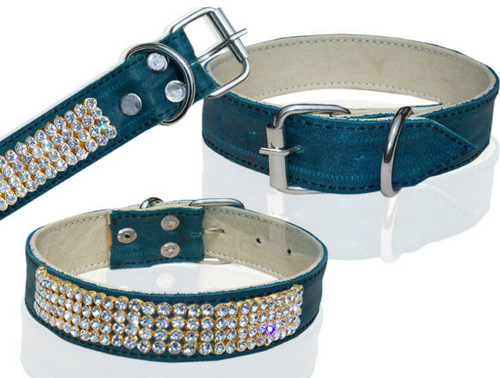 DESIGNER CAT AND PUPPY GANUINE LEATHER COLLAR WITH CRYSTAL ACCESSORIES