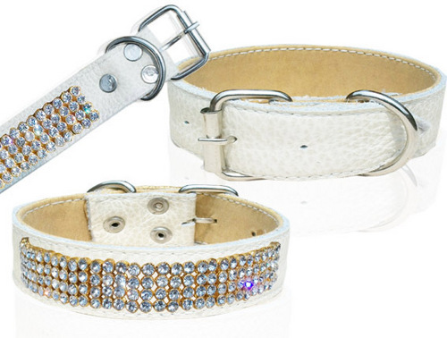 DESIGNER CAT AND PUPPY GANUINE LEATHER COLLAR WITH CRYSTAL ACCESSORIES