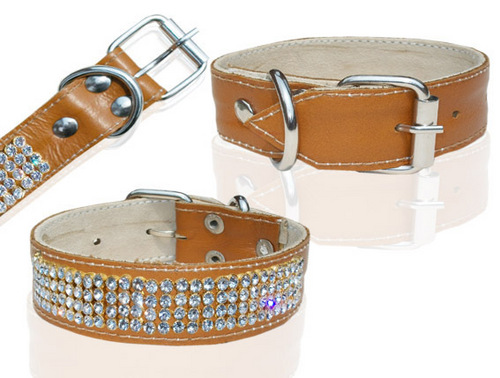 DESIGNER CAT AND PUPPY GANUINE LEATHER COLLAR WITH CRYSTAL ACCESSORIES