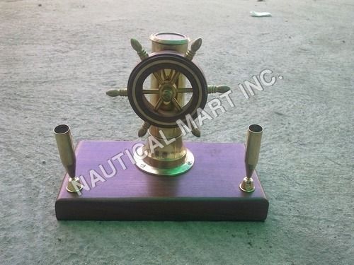 BRASS SHIP WHEEL PEN STAND