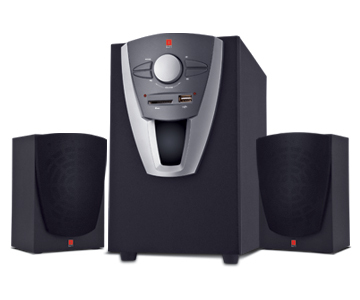 Wood Encased 2.1 Speaker System - 14 Watts RMS USB & SD/MMC Playback Multiple Input Options Natural Sound with Realistic Bass Effect