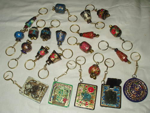 Papier Machie Key Chains - Wooden Material, Varied Shapes | Hand-Painted, Metal Ring Attachment, Lightweight, Durable