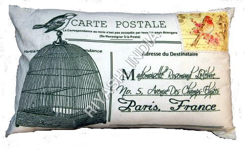 Carte Postale French Art Stamped Cushion Cover - Cotton 30x50 Cm, Off-White with Black Sheeting Back | Decorative, Comfortable, Unique Design