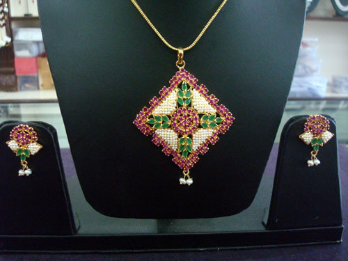 Ruby Emerald and Pearl (Jalpowali) Pendant Set - Imitation Jewellery