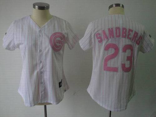 Chicago Cubs #23 Ryne Sandberg White Pink Stripe Women's Jerseys