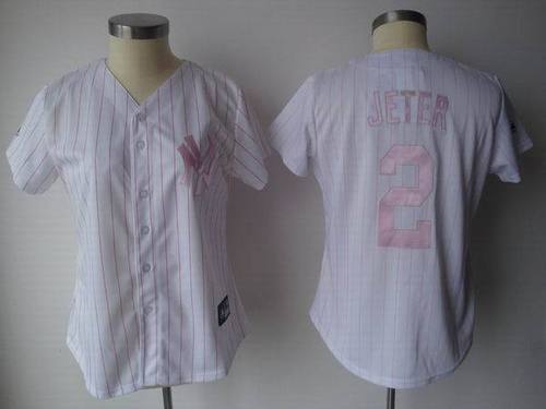 New York Yankees #2 Derek Jeter White Pink Stripe Women's Jerseys
