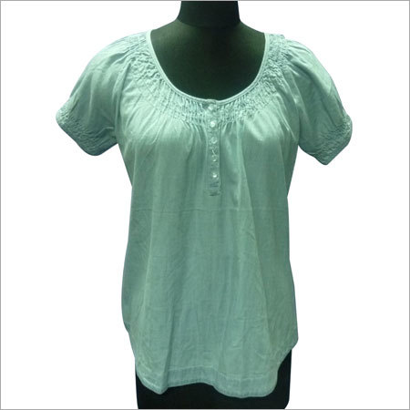 Cotton Denim Ladies Blouse With Smocking Work