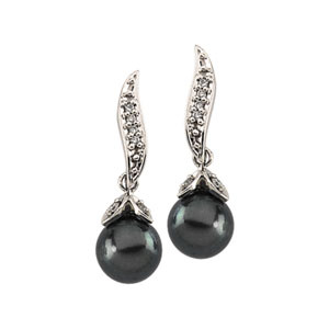 Ag Real Diamond Sixteen Stone With Black Pearl Dangling Earring # AGSE0082