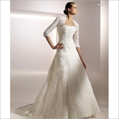 Modest Wedding Gowns - Lace Satin, Floor-Length, White, Strapless Neckline, A-Line Silhouette, Half Sleeves, Custom Fit, Comfortable Lightweight Design