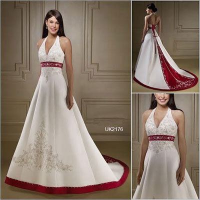 Red and White Halter Wedding Dress