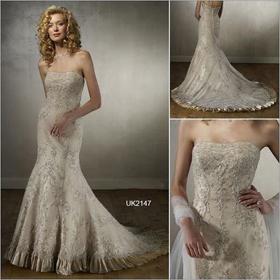 Gorgeous Mermaid Wedding Dress - Georgette Satin, Custom Size, Floor Length Scoop Neckline | Beaded Embroidery, Strapless, Zipper Closure
