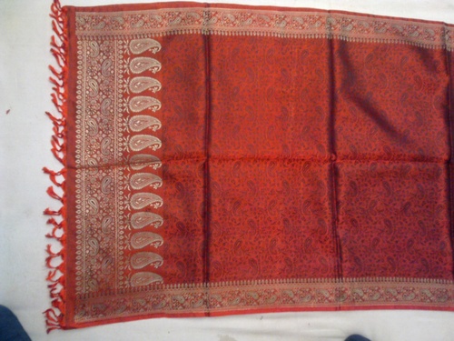 100% Silk Scarfs - Red, 95 Grams, Jacquard Weave | Soft Silk, Resham Zari Border, Mughal Design, Luxury Feel