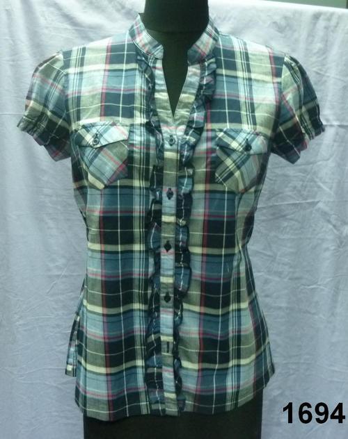 100% Cotton Yarn Dyed Check Ladies Blouse w Frill