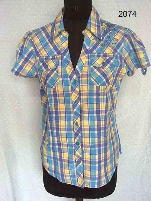 100% Cotton Yarn Dyed Check Ladies Blouse w Emb.
