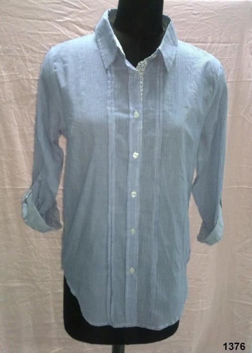 100% Cotton Woven Ladies Strip Shirt - Light Blue, Long Sleeves, Button-Down, Soft, Comfortable