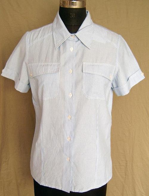 100% Cotton Woven Ladies Strip Shirt - Light Blue, Short Sleeve, Relaxed Fit, Breathable, Soft Cotton