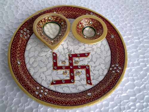 6' marble plate with saantiya & 2 diya
