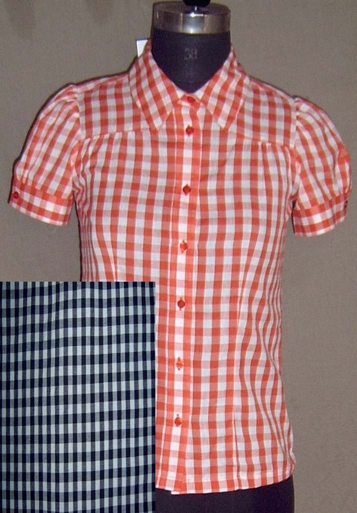 100% Cotton Yarn Dyed Check Woven Ladies Blouse - Orange / White, Button Closure, Puff Sleeves, Regular Fit
