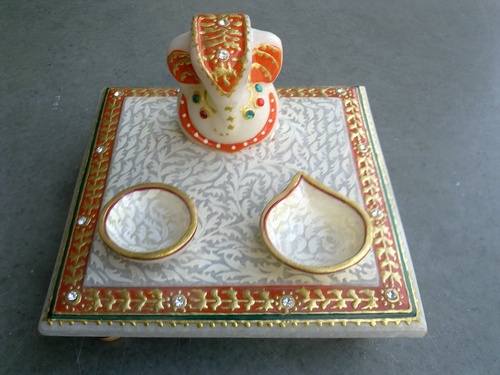 6' marble chowkee with standing ganesh ji with 2 diya