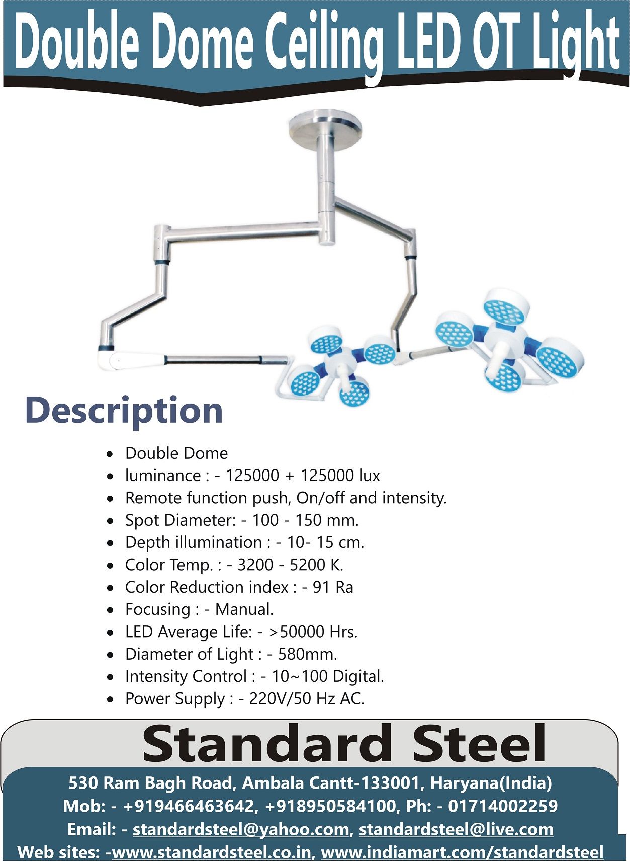 Hospital Double dome Ceiling LED OT Table