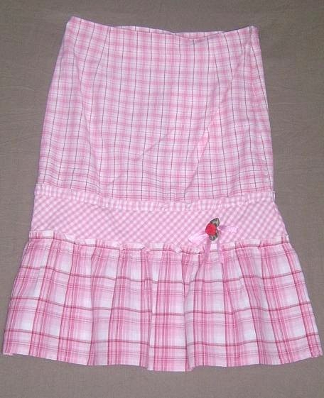 100% Cotton Yarn Dyed Check Girls Skirt w Flower - Lt Pink / White, Soft Cotton, Embroidered Floral, Pleated Knee-Length, Elasticated Waist