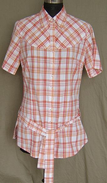 100% Cotton Yarn Dyed Check ladies Blouse w Belt