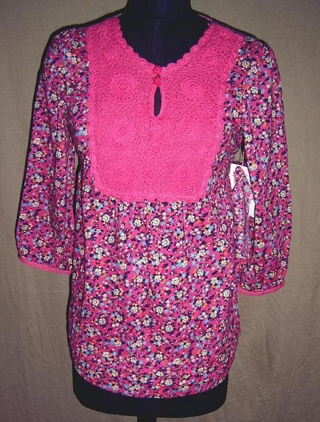 Ladies Blouse 2046 941184 BL - Cotton Print, Pink/Black, Long Sleeves | Crochet Work, Round Neckline, Floral Design