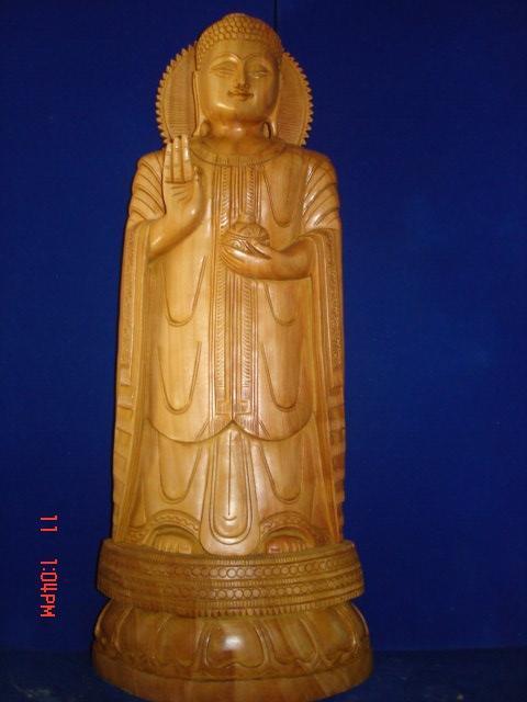 Standing Wooden Buddha - Solid Wood, 12-18 Inches, Light Brown | Intricate Detail, Hand-Carved, Spiritual Decor, Meditation Aid