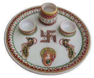 Marble Pooja Thali - 12 Inches White Hand-Painted Marble | Elegant Glossy Finish Intricate Details Durable Easy to Clean Multi-Purpose Use 3 Bowls