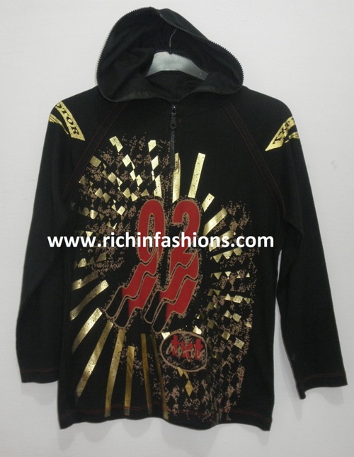 Foil Print Hood Wear - 100% Cotton French Terry Boys Black GSM 210 | Stylish Soft Durable Breathable Hoodie