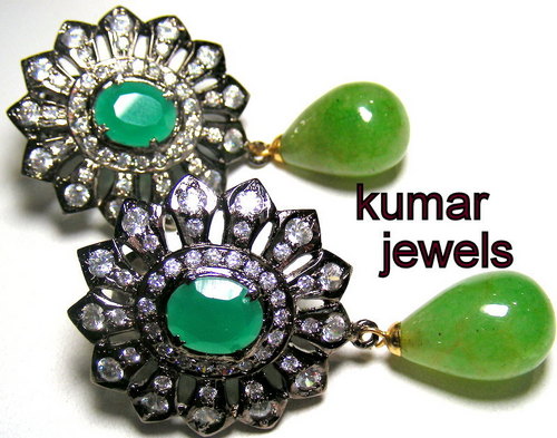 Artificial Earrings,Silver Plated in antique designer earrings,with the green droping