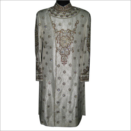Mens Designer Sherwani - Silk, 50-55 inches, Off-White | Handcrafted Embroidery, Mandarin Neck, Wedding Ready, Comfortable Fit